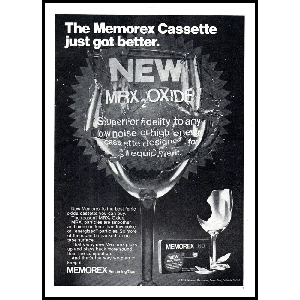 1973 Memorex 60 MRX2 Blank Cassette Tape Vintage Print Ad Wine Glass Wall Art